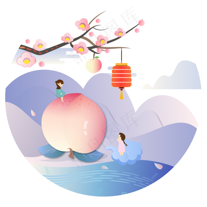 中国风古典桃子红灯笼梅花小景观