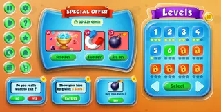 休闲卡通儿童游戏用户界面特价，退出，价格我们，购买和水平选择菜单弹出