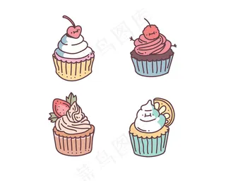 杯形蛋糕涂鸦风格。杯糕绘画风格