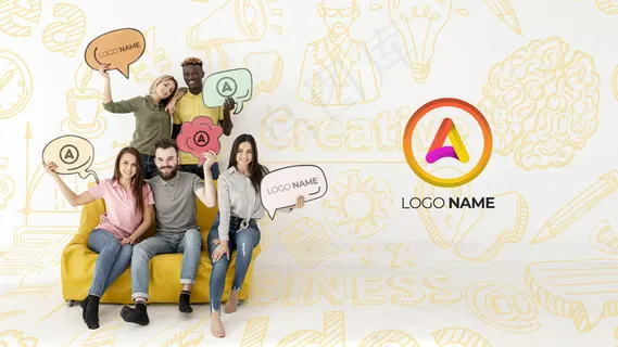 坐在沙发上的一群朋友和logo名字 坐在沙发上的一群朋友和logo名字