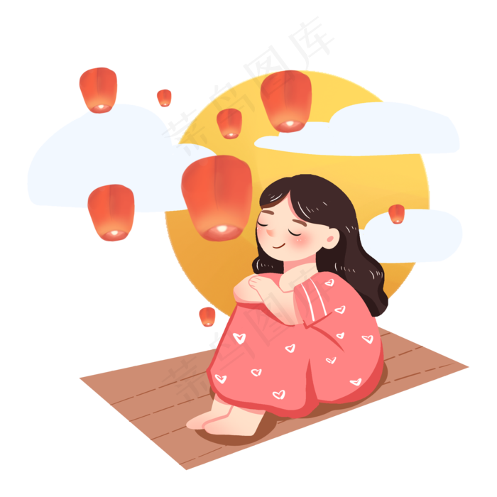 中秋节女孩赏月孔明灯PNG