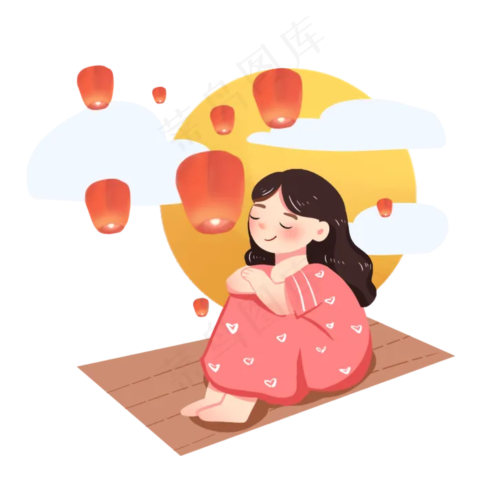 中秋节女孩赏月孔明灯PNG(2000X2000(DPI:300))psd模版下载