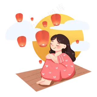 中秋节女孩赏月孔明灯PNG