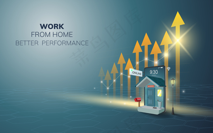 在家中进行数字在线工作可提高手机、移动网站背景的性能。社会距离概念。插图