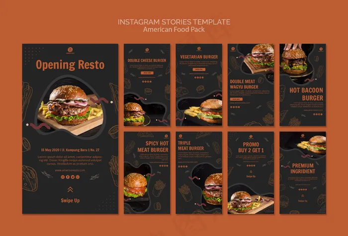 Instagram故事模板与美国食品psd模版下载