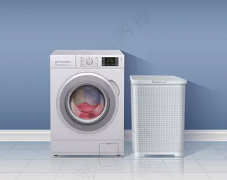 洗衣机现实背景与洗衣设备符号插图