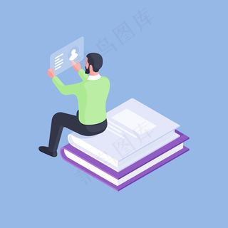 正式男性经理坐在蓝色背景上孤立的一堆书上阅读简介卡的等距设计