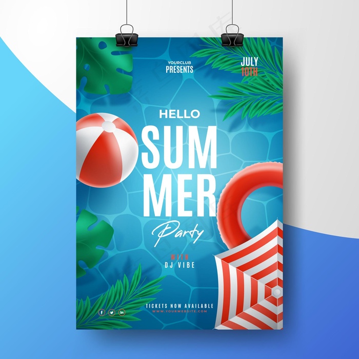 逼真的夏日派对海报模板eps,ai矢量模版下载