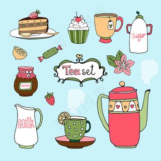 手绘茶具和蛋糕图标，带水壶或茶壶