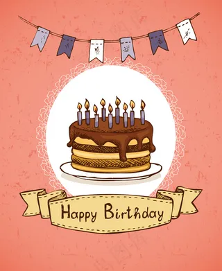 生日贺卡与巧克力蛋糕与旗帜banner和象征矢量插图