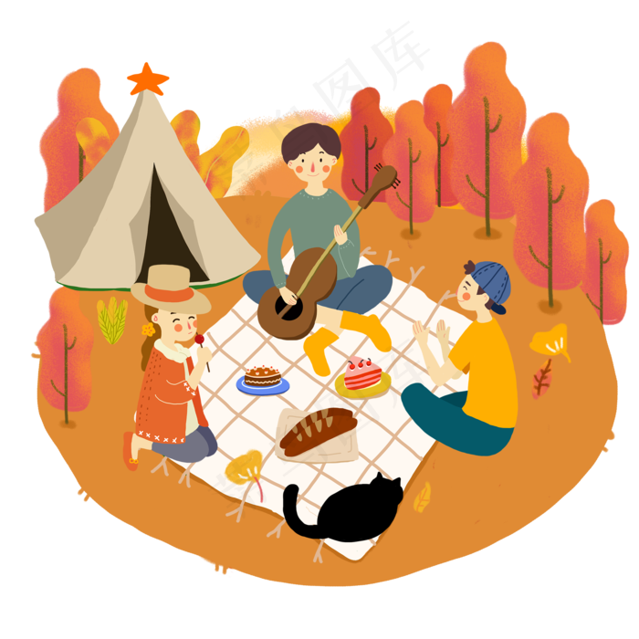 秋日弹奏吉他少年红叶野餐露营P