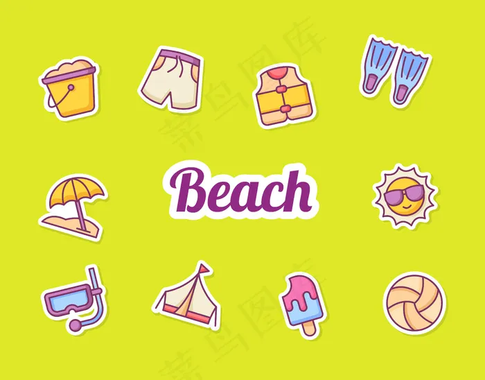 夏季贴纸图标图标集合套装黄色隔离背景，颜色轮廓样式eps,ai矢量模版下载