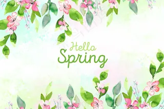 你好春天概念水彩画风格