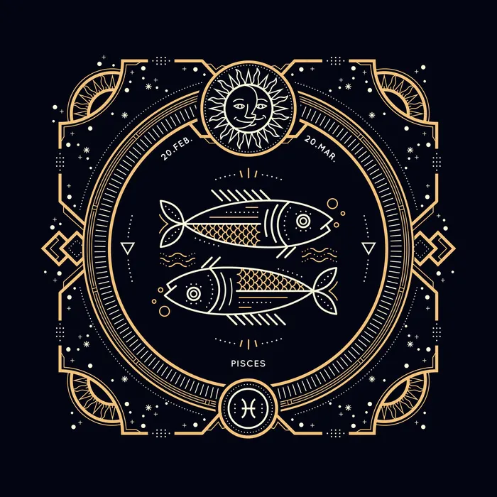 复古细线双鱼座星座标签。复古占星术符号，神秘，神圣几何元素，徽章，标志。笔划轮廓图。eps,ai矢量模版下载