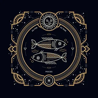 复古细线双鱼座星座标签。复古占星术符号，神秘，神圣几何元素，徽章，标志。笔划轮廓图。