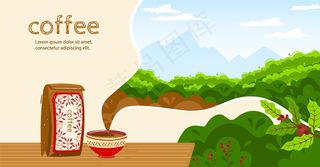 咖啡矢量图。卡通平板咖啡杯芳香饮料，纸袋包装，咖啡豆收获天然原料植物和自然种植