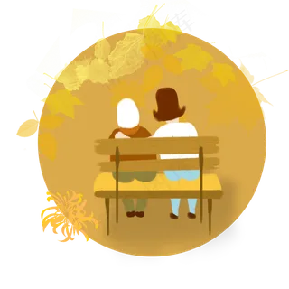 手绘卡通女儿和妈妈看夕阳元素