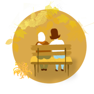 手绘卡通女儿和妈妈看夕阳元素