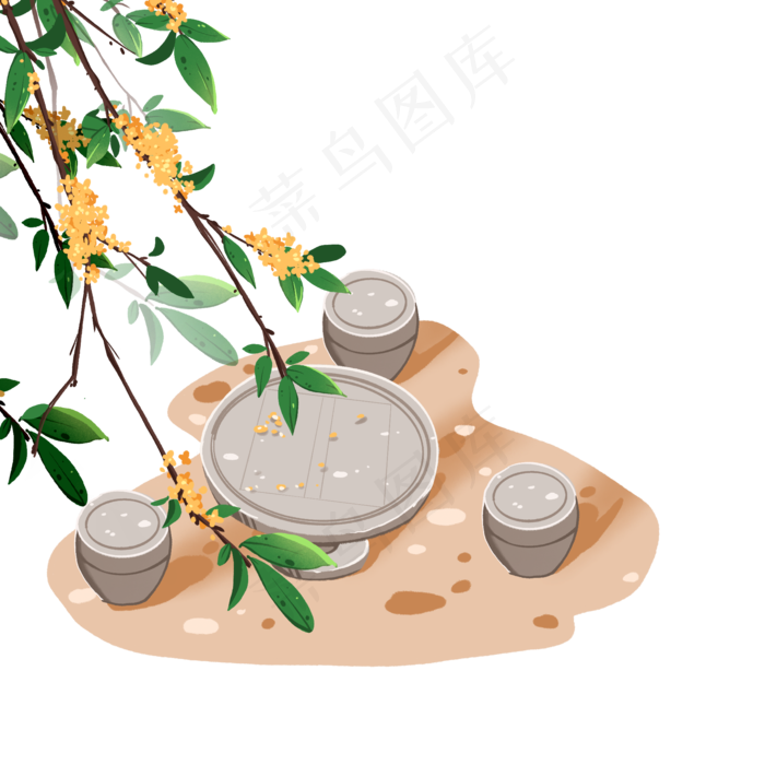 俯视桂花枝和石桌石凳