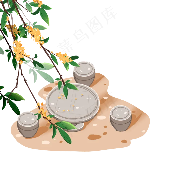 俯视桂花枝和石桌石凳(2000X2000(DPI:300))psd模版下载