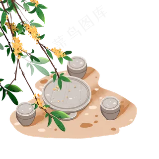 俯视桂花枝和石桌石凳