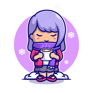 可爱的女孩喝热咖啡在雪地卡通图标插图。
