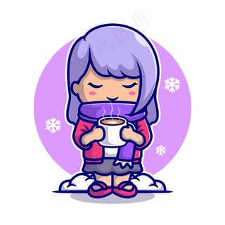 可爱的女孩喝热咖啡在雪地卡通图标插图。