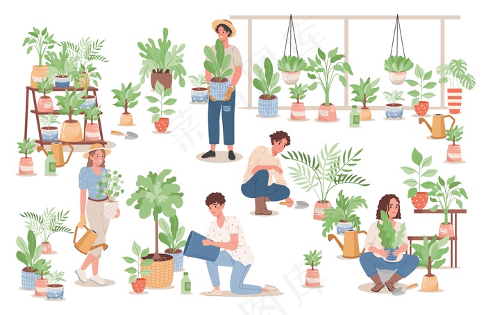 一群快乐的年轻人在照顾家里的植物
