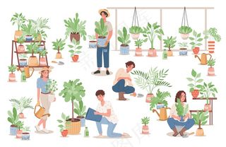 一群快乐的年轻人在照顾家里的植物
