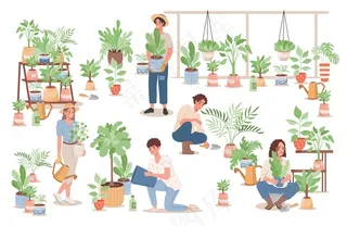 一群快乐的年轻人在照顾家里的植物