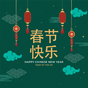 中国新年快乐概念，中文文本，悬挂传统装饰物