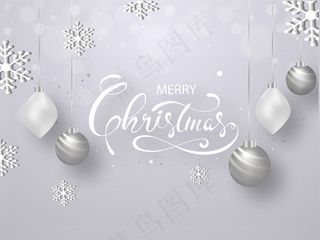 圣诞快乐庆祝概念与雪花和悬挂饰品装饰在灰色博克背景。