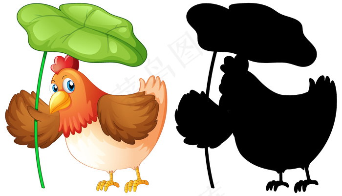 一套拿着叶子的鸡和它的轮廓