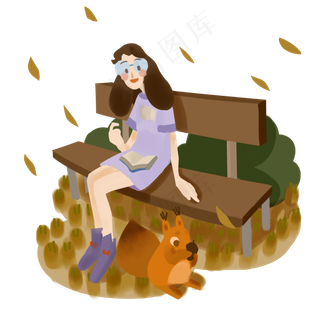 美女秋天公园长椅看书松鼠玩耍P
