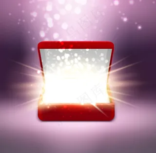 逼真的红色开放首饰盒，闪耀着迷离的紫色