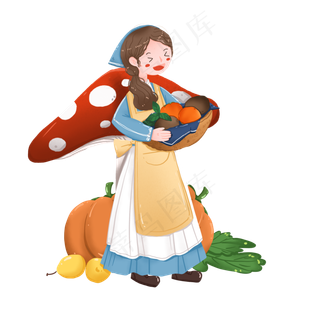 秋季丰收怀抱各种水果蔬菜的女孩