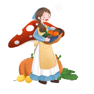 秋季丰收怀抱各种水果蔬菜的女孩