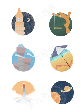 简约手绘风各式场景图标装饰素材