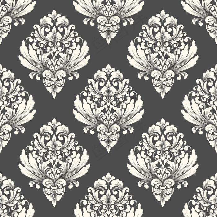 矢量锦缎无缝图案背景。古典奢华的老式锦缎装饰，皇家维多利亚无缝纹理壁纸，纺织品，包装。