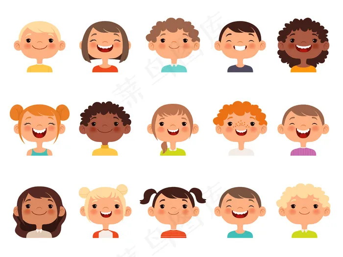 孩子们的脸。儿童表情脸小男孩和女孩卡通阿凡达收集