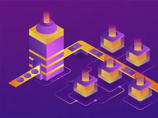 加密货币采矿场。比特币的创造。三维等轴测