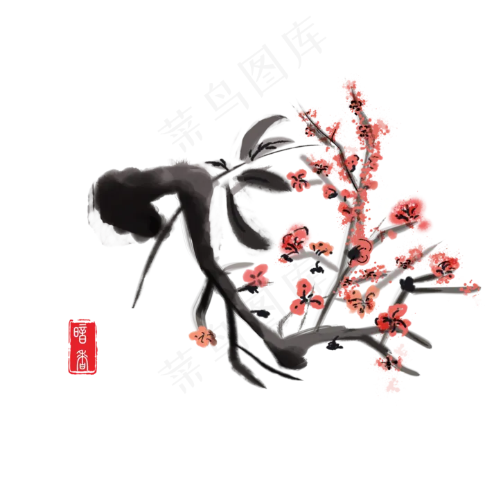 手绘国画水墨晕染开的红色梅花5(2000X2000(DPI:300))psd模版下载