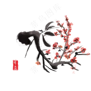 手绘国画水墨晕染开的红色梅花5