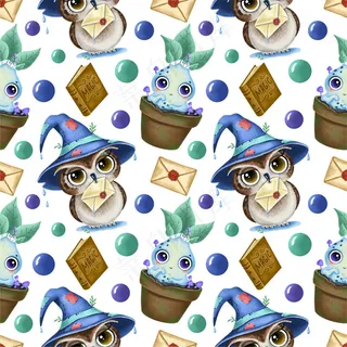 可爱的卡通魔术万圣节无缝图案。戴着巫师帽的猫头鹰，有字母，曼德拉根，魔法书。