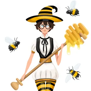 可爱的棕色头发蜂蜜女巫和蜜蜂一起飞翔。母的拿着蜂蜜勺，魔杖。条纹蜜蜂式服装。白底插图