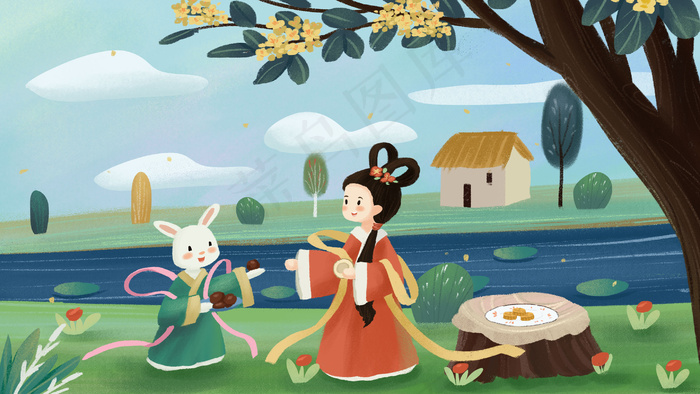 中秋节嫦娥和小兔子做月饼场景中秋(2880*1620px 300 dpi )psd模版下载