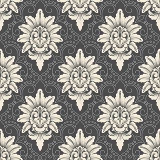 矢量锦缎无缝图案背景。古典奢华老式锦缎装饰，皇家维多利亚时代无缝纹理壁纸，纺织品，包装。