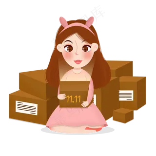 卡通手绘双十一女孩疯狂拆快递
