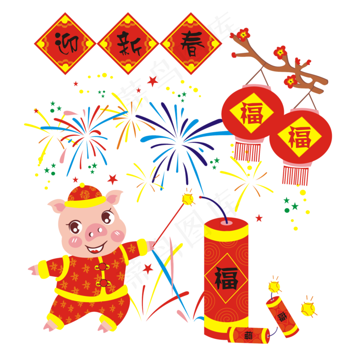 猪娃娃手绘卡通新年喜庆系列(4724X4724(DPI:300))ai矢量模版下载