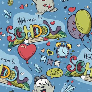 无缝纹理与蓝色背景和学校涂鸦